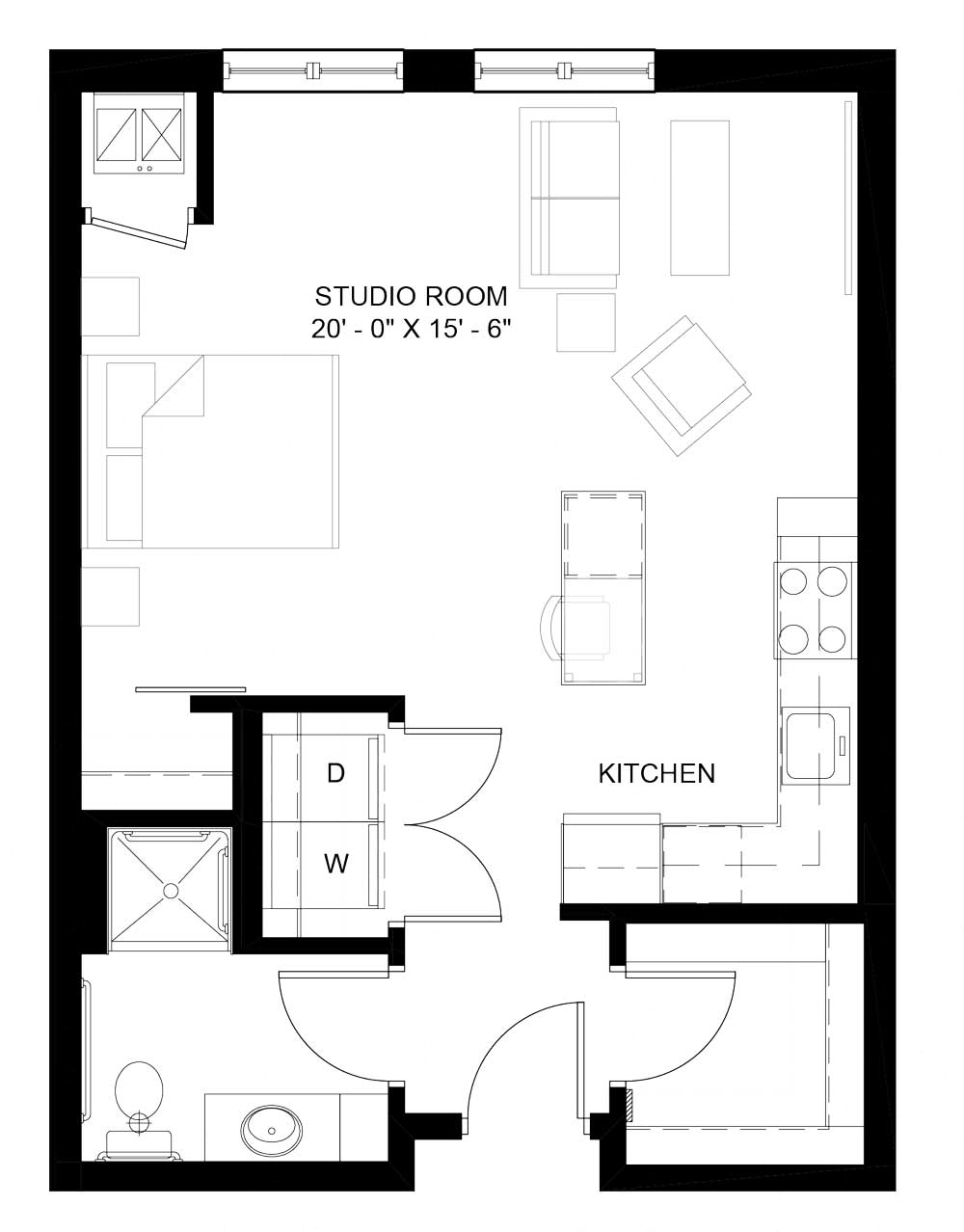 Floor plan for studio, 1 bath, 598 sqft
